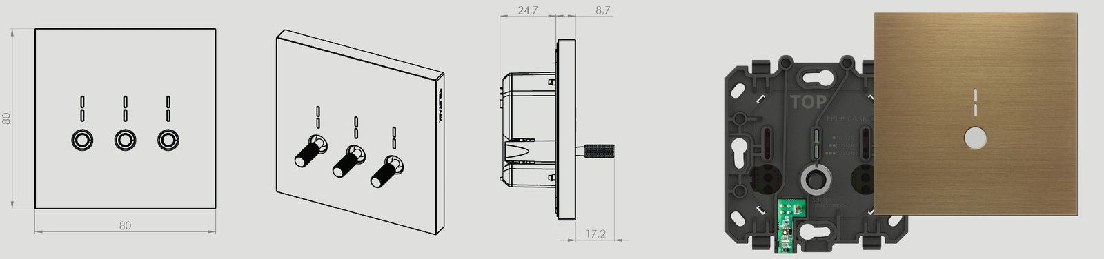 Technical features: 80 × 80 mm, wall module & front